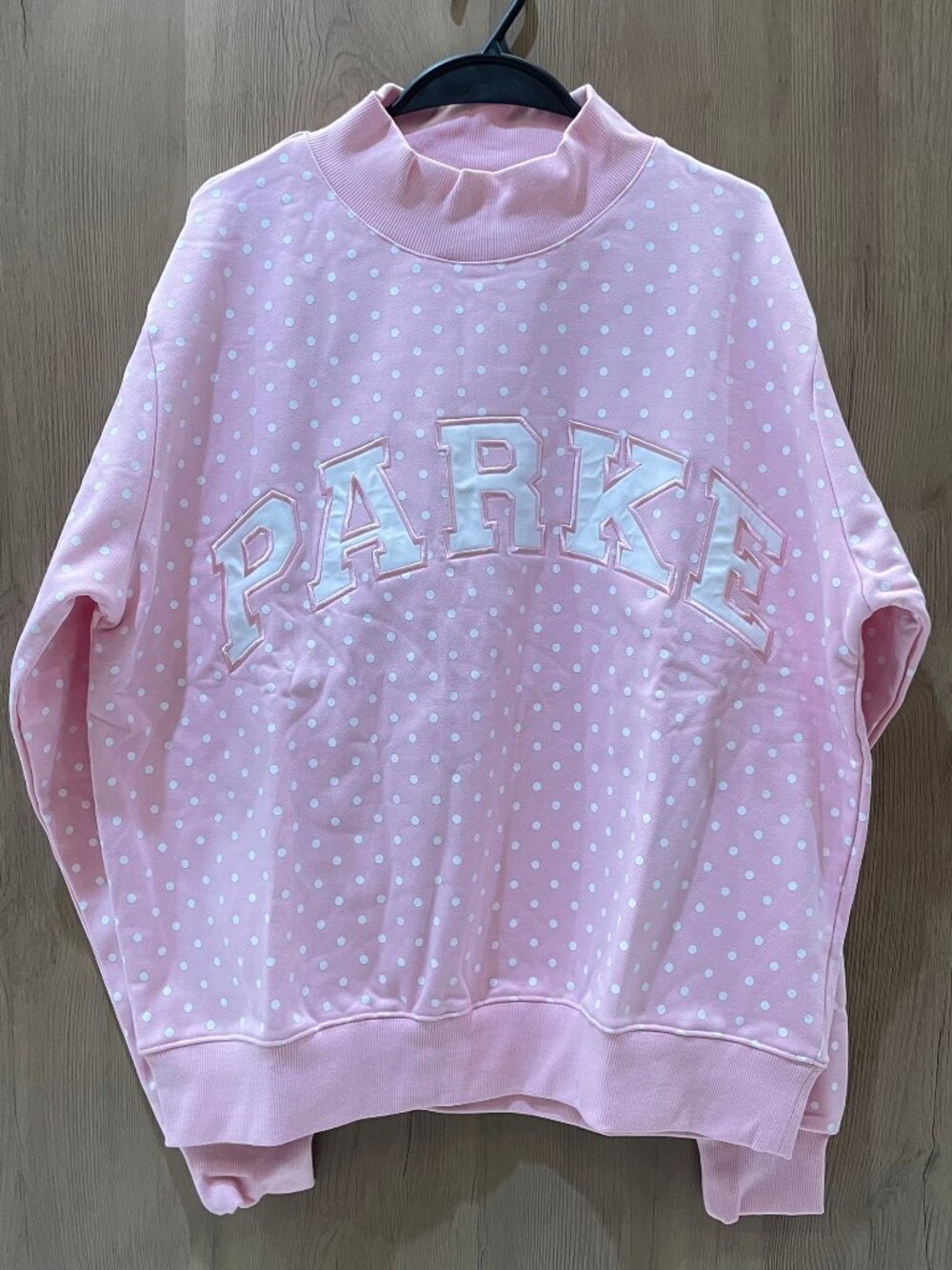 Parke Pink White Polka‑Dot Mock Neck Sweatshirt